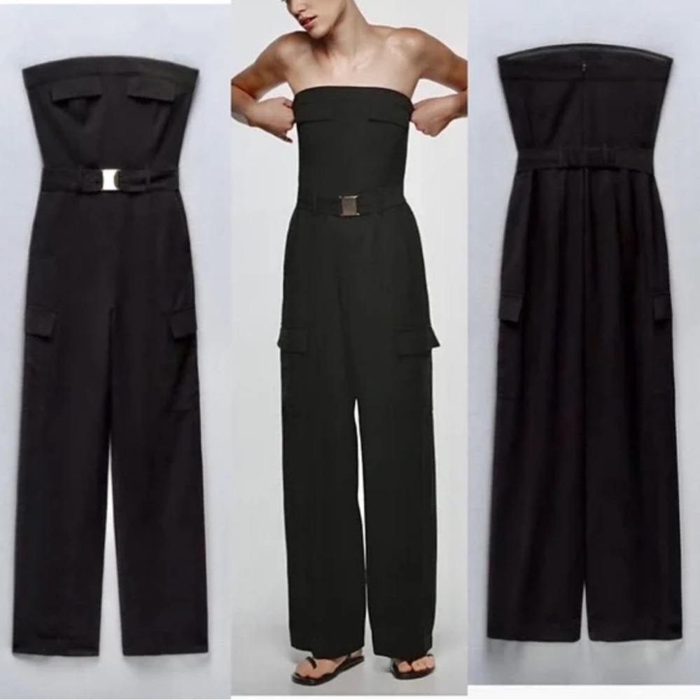 Zara NWT belted cargo jumpsuit black 8272/934